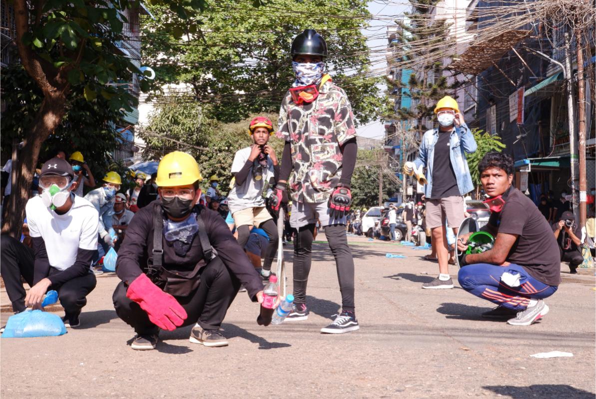 Young protesters with homemade protective gear © Anonymous Myanmar photographer