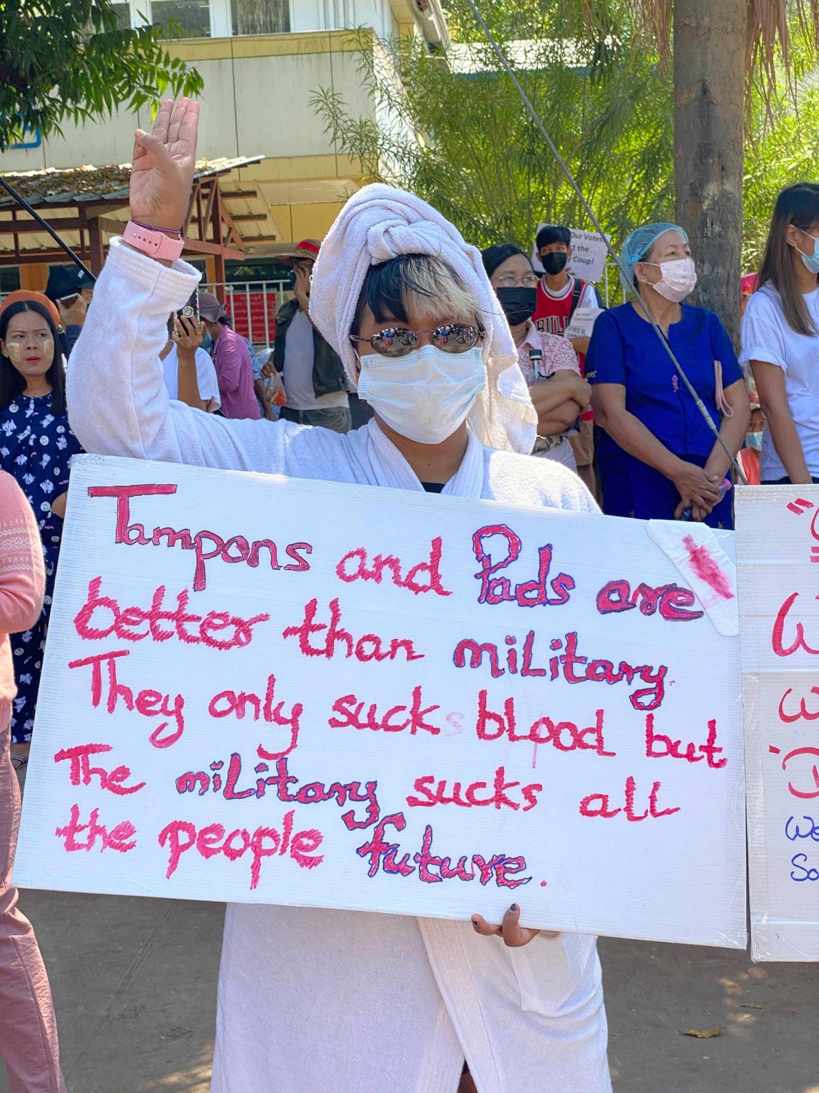 Creative protester in a bathrobe in Yangon © Anonymous Myanmar photographer