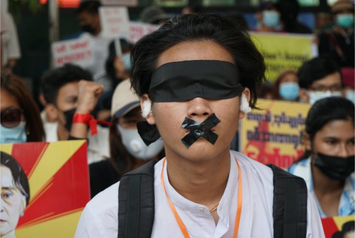 Protester with blindfold © Anonymous Myanmar photographer